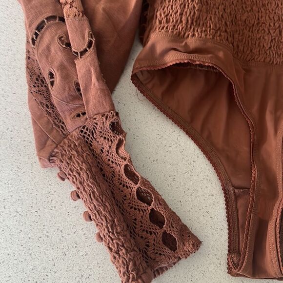 NWOT Free People Regina Bodysuit Top Thong Eyelet Balloon Sleeves Smocked Retro - Picture 13 of 15